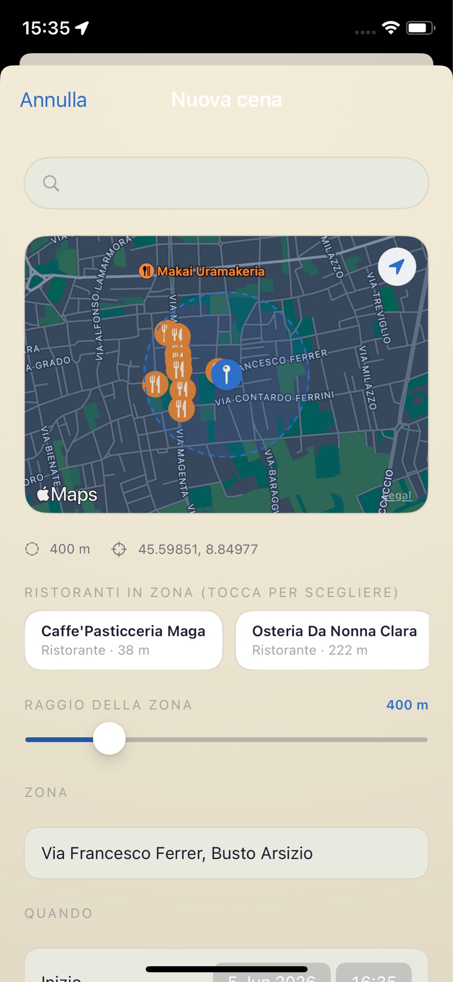 Crea una nuova cena